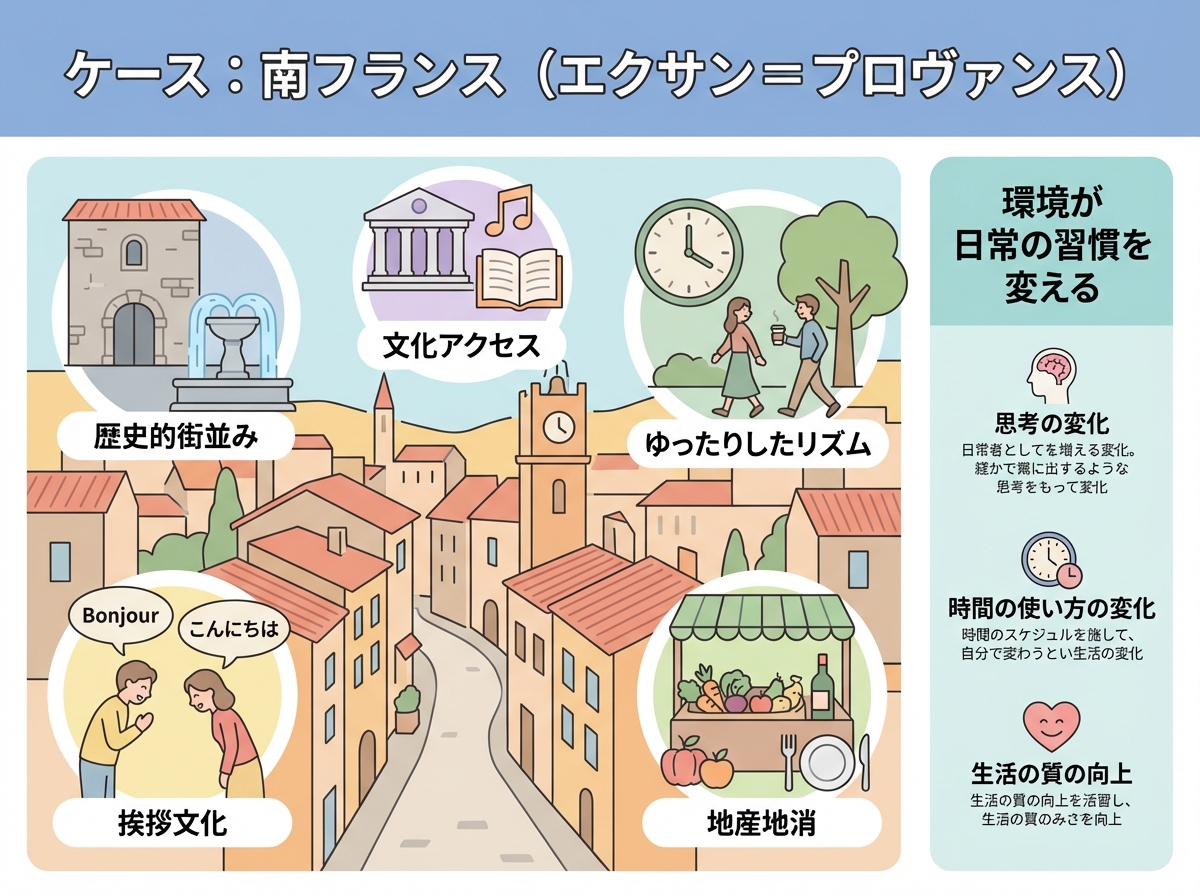 歴史的街並み・文化アクセス・ゆったりしたリズム・挨拶文化・地産地消など、南フランスの環境特性をアイコンで示した事例図