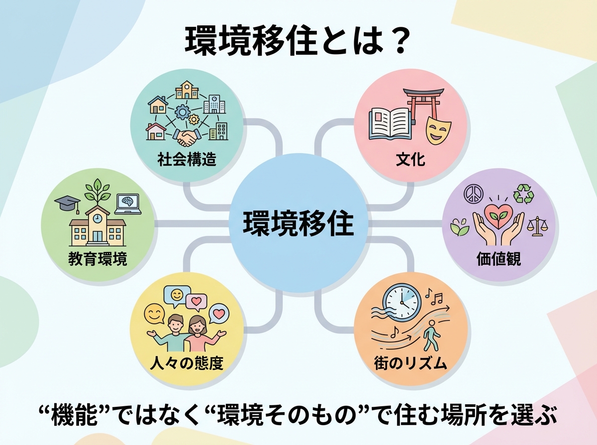 環境移住の中心概念（文化・価値観・街のリズム・人々の態度・教育環境・社会構造）をアイコンで整理した図