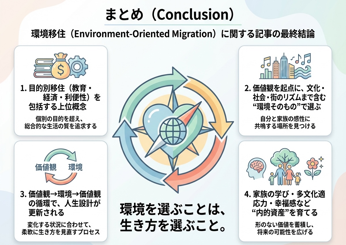環境移住の結論を「環境を選ぶことは、生き方を選ぶこと。」のメッセージと、目的別移住を包括する上位概念・価値観起点の環境選択・価値観と環境の循環モデル・内的資産の形成を箇条書きで整理したフラットデザインのインフォグラフィック
