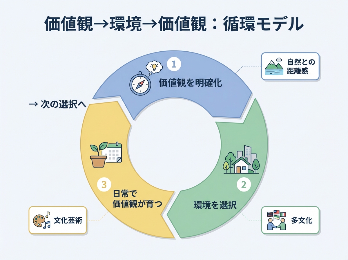 価値観を明確化し環境を選び、生活を通じて価値観が育ち次の選択へ進む循環プロセスを円形で示した図