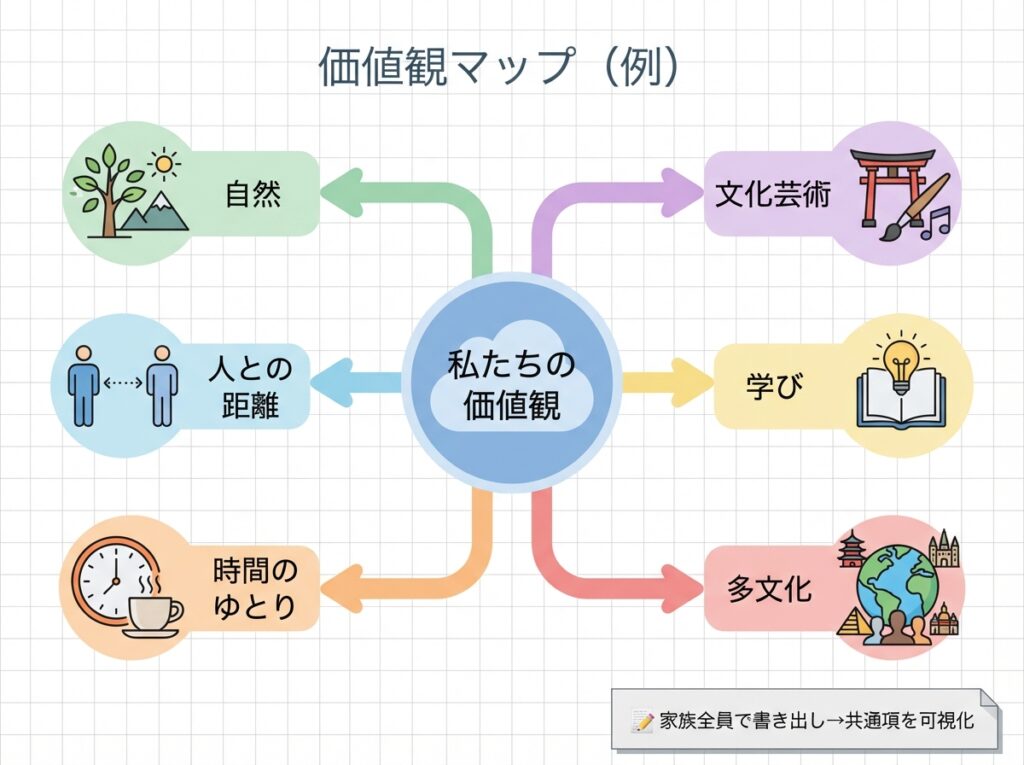 中心に「私たちの価値観」を置き、自然・文化芸術・人との距離・学び・時間のゆとり・多文化へ枝分かれするマインドマップ例